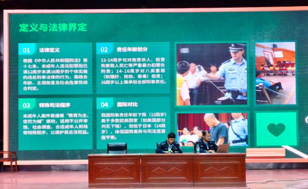 讲座现场，民警通过PPT课件展示“定义与法律界定”等核心内容，结合案例图示，深入浅出地讲解未成年人保护、校园欺凌界定等法律知识，让抽象的法律条文更直观易懂.jpg